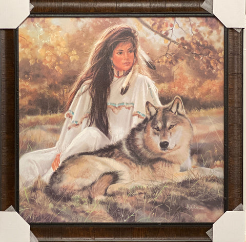 Maija Aspen Gold Native American Maiden with Wolf-Framed 27 x 27