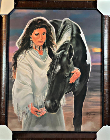 Maija Sundown S/N Native American Maiden with Horse Art Print-Framed 26 x 32