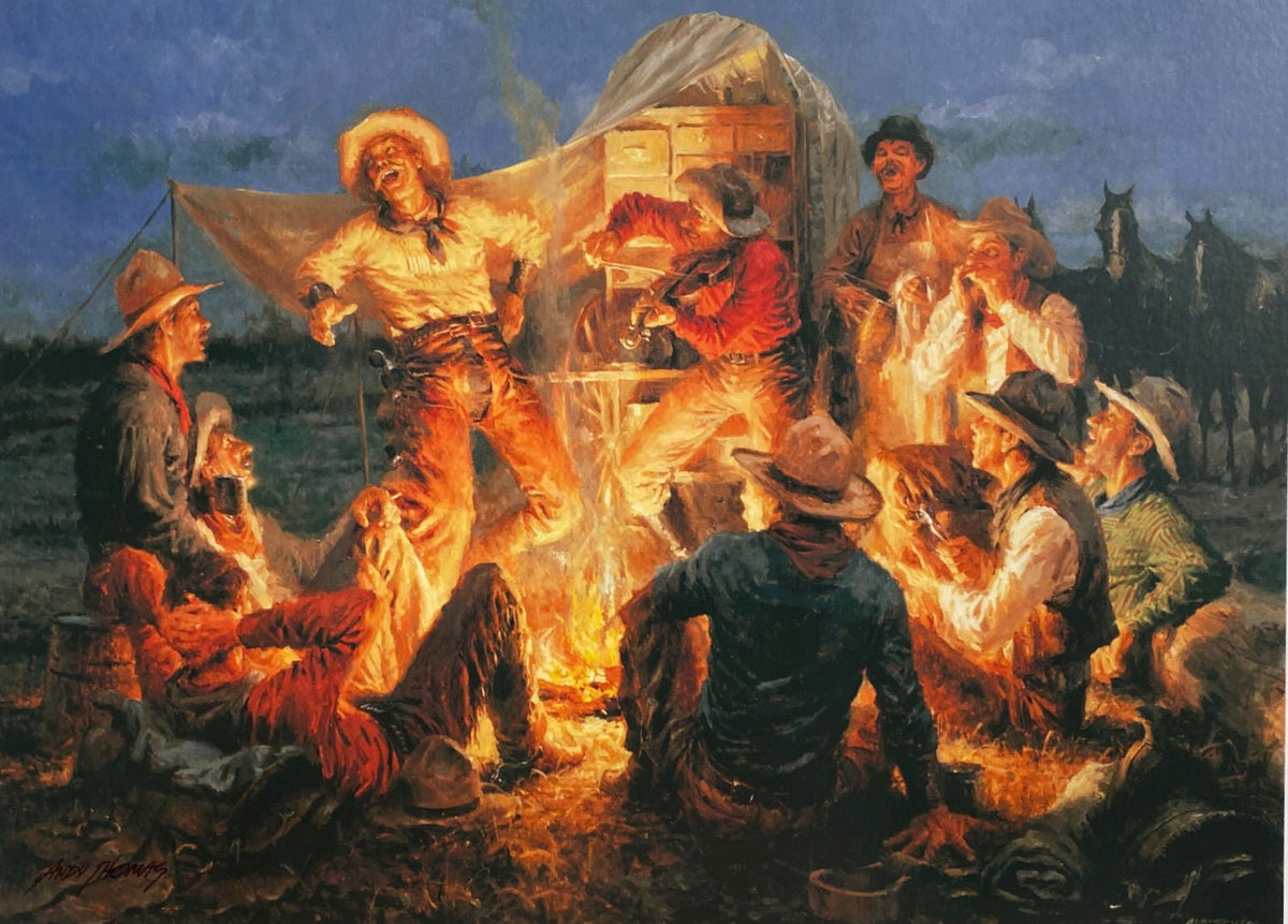 Andy Thomas Cowboy Jig Signed Campfire Singing Art Print (Paper 17 x 13 Image 15 x 11)