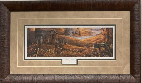 Ray Mertes Three's A Crowd Framed Deer with John Deere Print  23.5 x 13.5