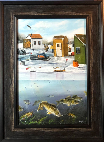 Ray Mertes Fishing Frenzy Ice Fishing Snowmobile Art Print-Framed 19 x 25.5