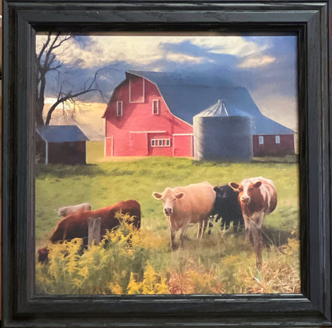 Lori Deiter Wyoming Sunset Cow Barn Farm Art Print Framed 14.5 x 14.5