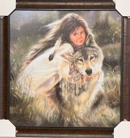 Maija Squeeze Play Native American Girl and Wolf Art Print-Framed 27 x 28 Free Shipping