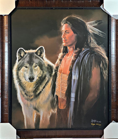 Maija Distant Eyes Native American with Wolf S/N Print-Framed