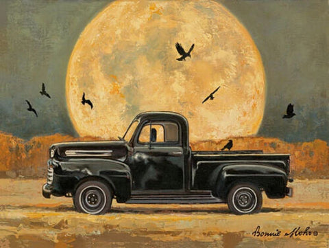 Bonnie Mohr Harvest Moon fall black truck PAPER art print 12 x 9-Free shipping
