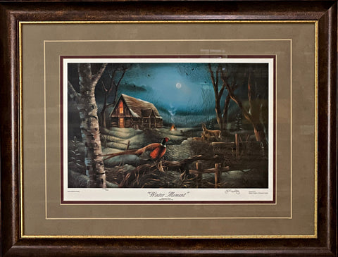 J D Speltz WInter Moment Deer Pheasant Bird Cabin Art Print-Framed 25 x 19
