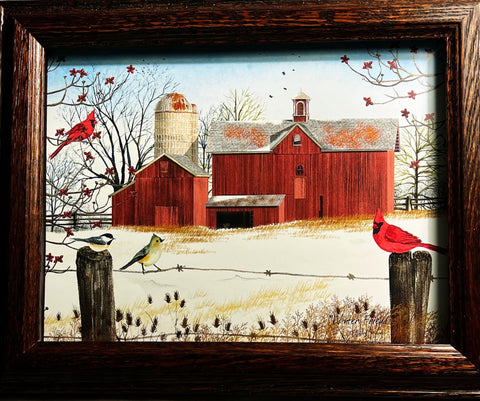 Billy Jacobs Winter Friends Cardinal Farm Framed Decorator (Wood) Art Print 14.5 x 11.5