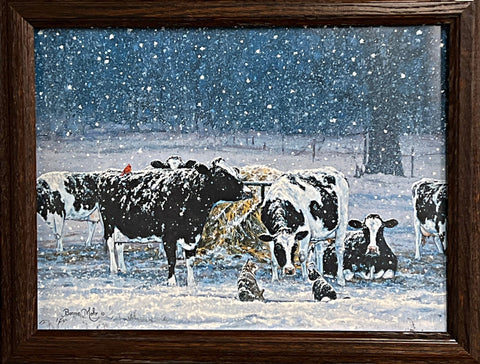 Bonnie Mohr One Snowy Night cow snow art Print-Framed 18,5 x 14.5