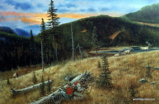 Father and son on elk hunting expedition Brian Kuether art print painting
