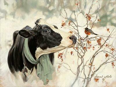 Bonnie Mohr The Winter Robin Cow Art Print (16x12)