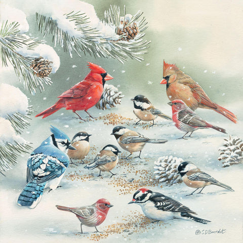 Susan Bourdet Winter Picnic Cardinal Chickadee and More Art Print-Image Size 16 x 16