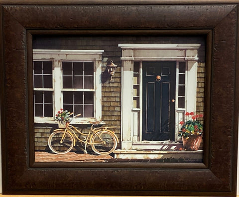 John Rossini Parked Outside Bicycle flower art Print-Framed