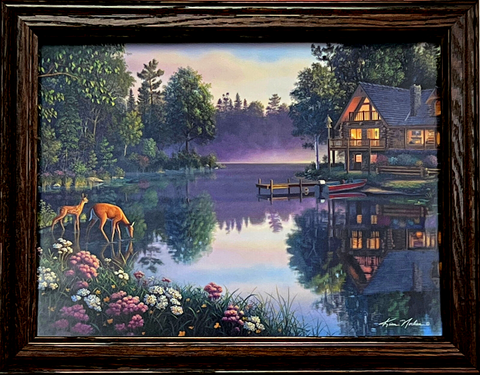 Kim Norlien Sweet Serenity Cabin Deer Lake Art Print-Framed 18.5 x 14.5