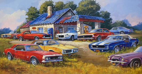 Dale Klee Cameros and Kin Classic Car S/N Art Print  28 x 15