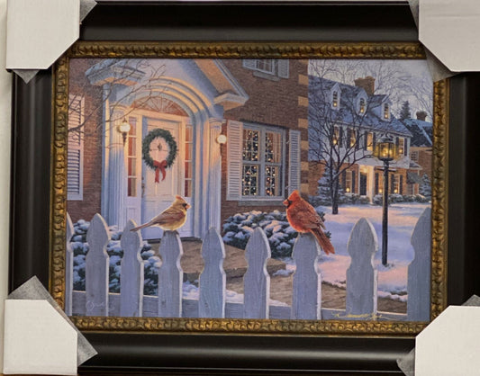 Darrell Bush Winter Song Christmas Cardinal Signed Art Print-Framed 23 x 18