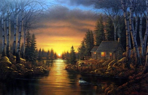 Derk Hansen Evening Shadow Cabin Lake Art Print 29" x 19"- Open Edition