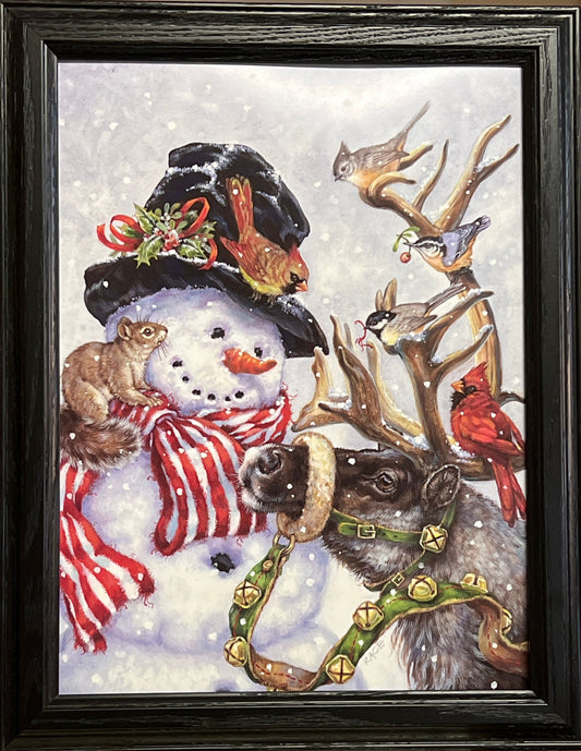Donna Race Prancer and Friends Snowman Bird Print-Framed 14.5 x 18.5