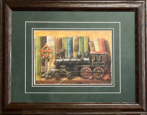 Doug Knutson Trains and Bookshelf Art Print-Signed Framed 19 x 15