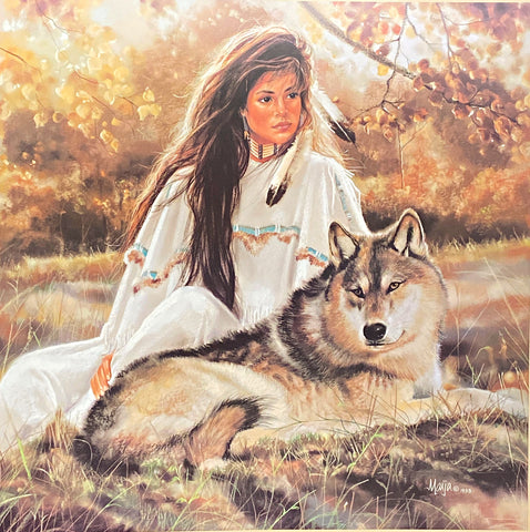 Maija Aspen Gold Native American Maiden with Wolf Poster (23x23)