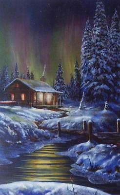 Jim Hansel "Fire and Ice"lake cabin Northern Lights print 7.5" x 12"