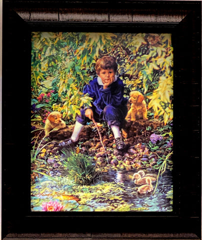 Sandra Kuck Golden Days Signed Boy and Puppies Fishing Print-Framed