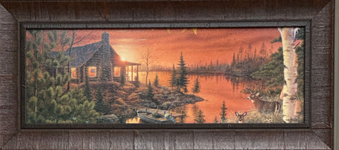 Mark Daehlin Autumn Evening Cabin Lake Print-Framed 28.5 x 13
