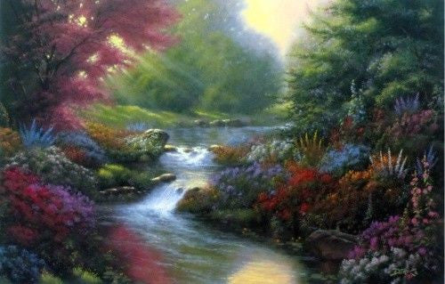 Creek winding through a floral garden