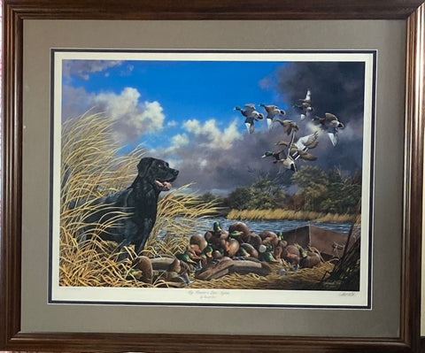 Harold Roe My Masters Late Again DU Black Lab and Mallards S/N Art Print-Framed 31 x 26