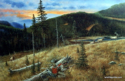 Father and son on elk hunting expedition Brian Kuether art print painting