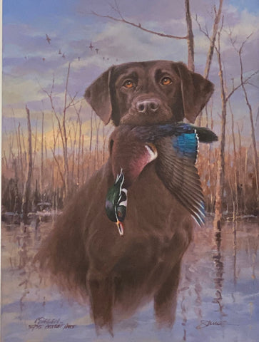 Jim Killen Limited Edition Hunting Dog Art Print Proud Retrieve Chocolate Lab 2020 Illinois DU Sponsor Print (13x17.5)