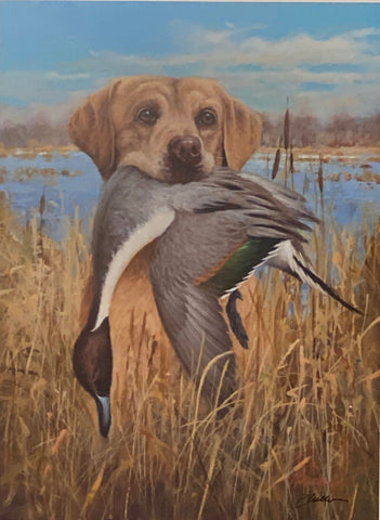 Jim Killen Signed Hunting Dog Print Proud Retrieve Yellow Lab 2019 Illinois DU Sponsor Print (13x17.5)