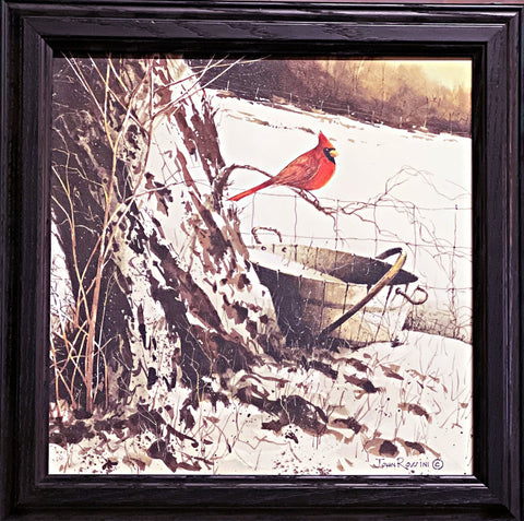 John Rossini Country Cardinal Farm Art Print-Framed 14.5 x 14.5