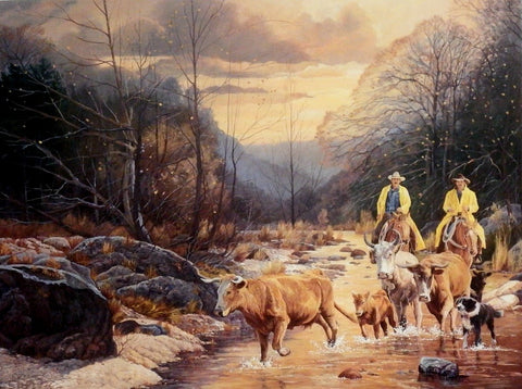 June Dudley Early Morning Ride Cowboy Steer Print 16 x 12