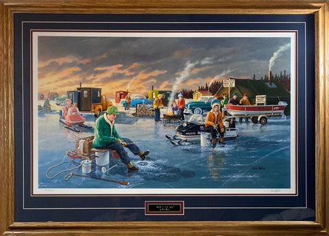 Ken Zylla Back in the Day Snowmobile Ice Fishing Art Print-Framed