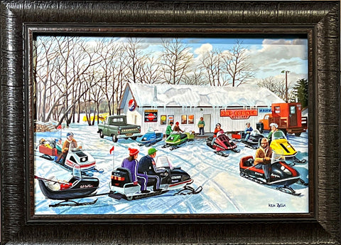 Ken Zylla JR's Corner Snowmobile Fishing Art Print Framed 22 x 16