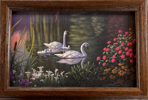 Kim Norlien Swan Family Lake Flower Art Print-Framed 14.5 x 10