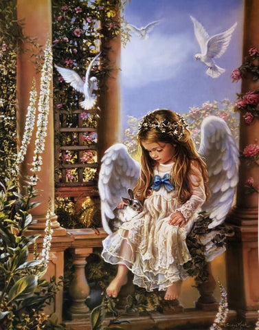 Kuck Tender Loving Care Girl with Doves Rabbit Art Print 16 x 20