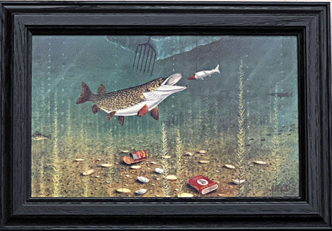 Les Kouba Ice Spearing Print Darkhouse Action Framed Size 14.5 x 10