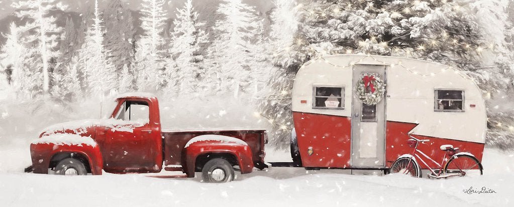 Lori Dieter Christmas Camper with bike Art Print 36 x 12