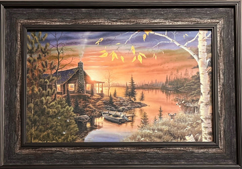 Mark Daehlin Autumn Evening Cabin Lake Deer Art Print Framed 27 x 19