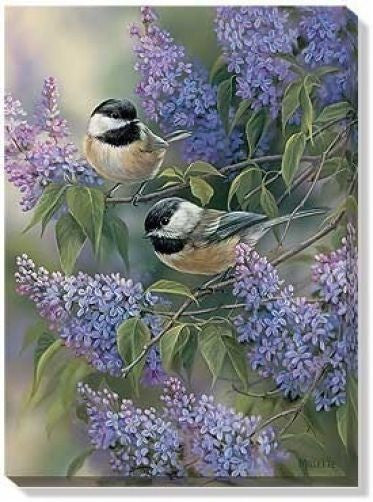 Rosemary Millette Chickadees & Lilacs Canvas - 13"x 18" Wrapped Canvas