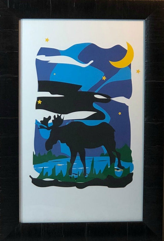 North Woods Moose Lake Moon Stars Art Framed Print