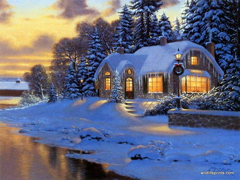 Winter scene snow covered cottage at Christmas holiday time