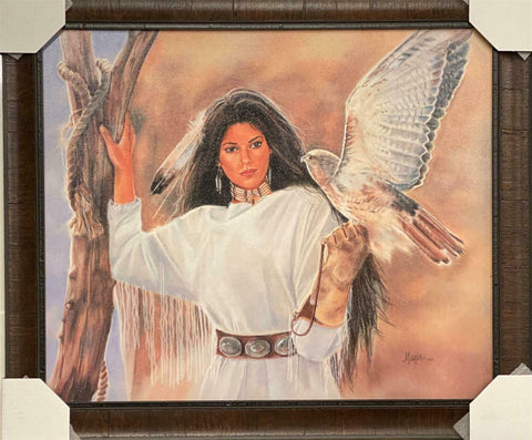 Maija Free Spirit Native American Girl with Hawk-Framed 28 x 24