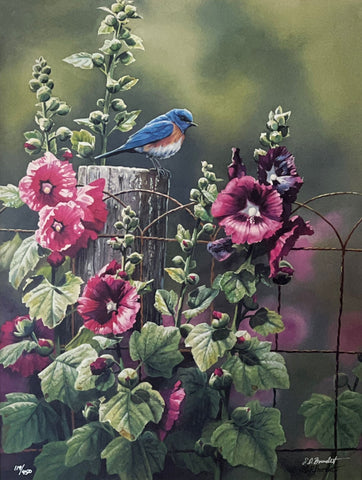 Susan Bourdet S/N Art Print Bluebird & Hollyhocks with cert (15x20)