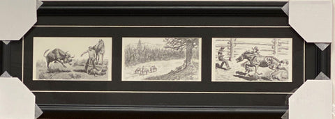 Will James Take my hat Pencil Sketch Western Trilogy Art Print-Framed 28 x 10