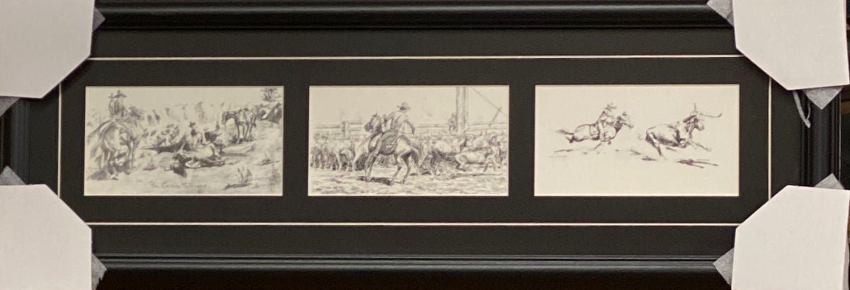 Will James The Wranglers Pencil Sketch Western Art Print-Framed 28 x 10