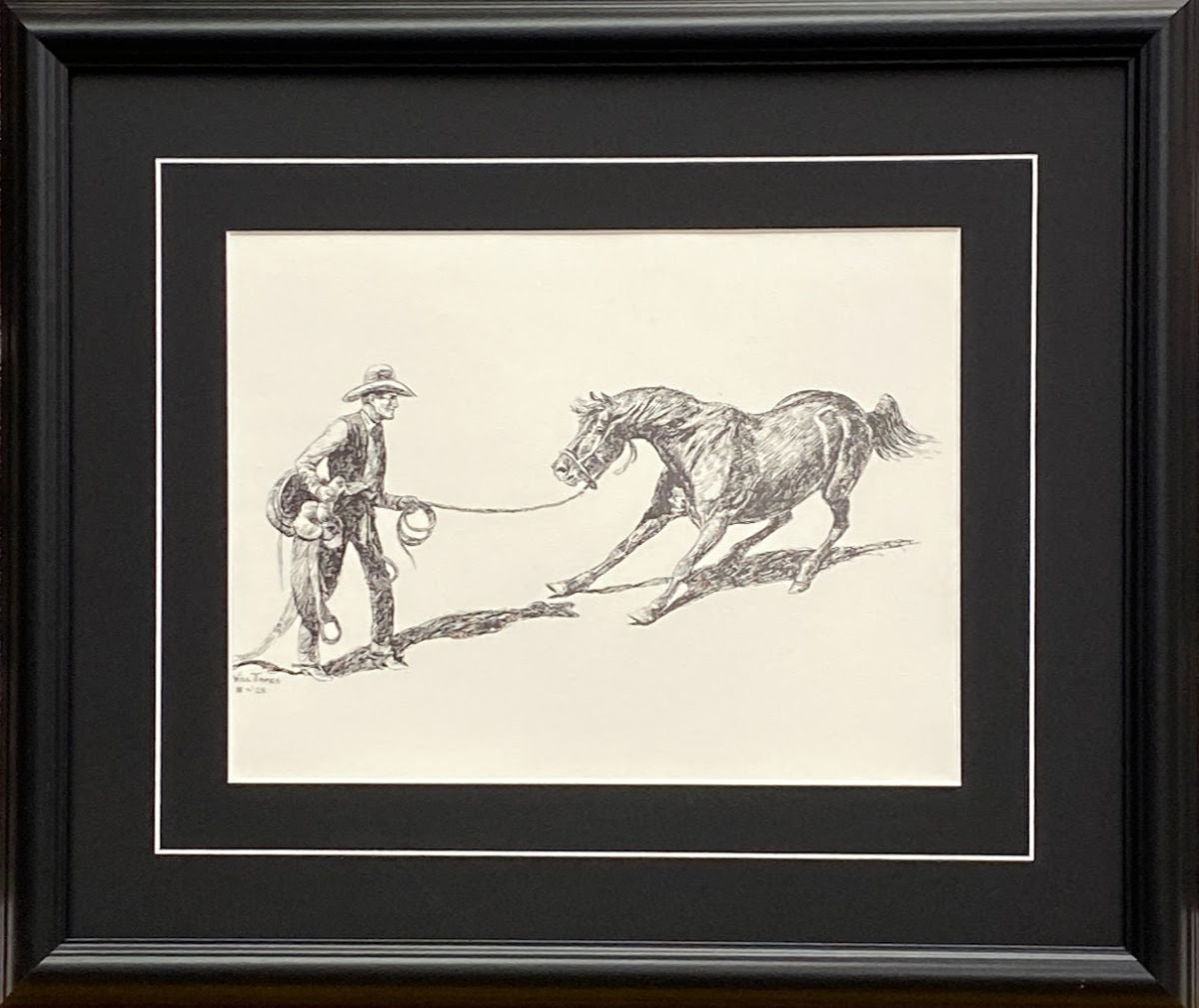 Willl James Cowboy Breaking Wild Horse Black and White Art Print-Framed 20 x 17