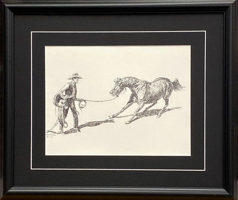 Willl James Cowboy Breaking Wild Horse Black and White Art Print-Framed 20 x 17